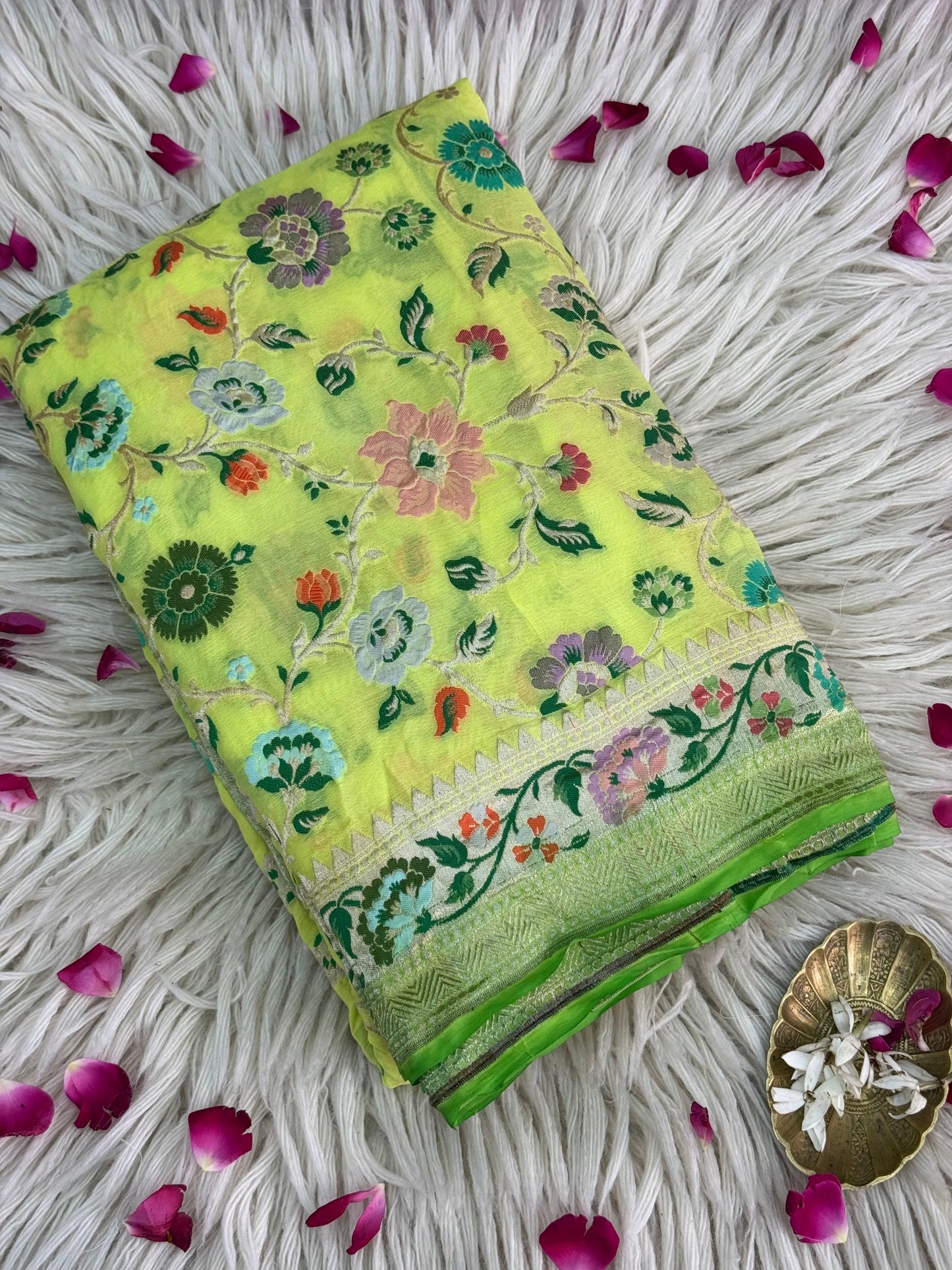 Pure Khaddi Chiffon Saree in Lime Yellow with Multicolor Tilfi Meenakari (GulPankh)
