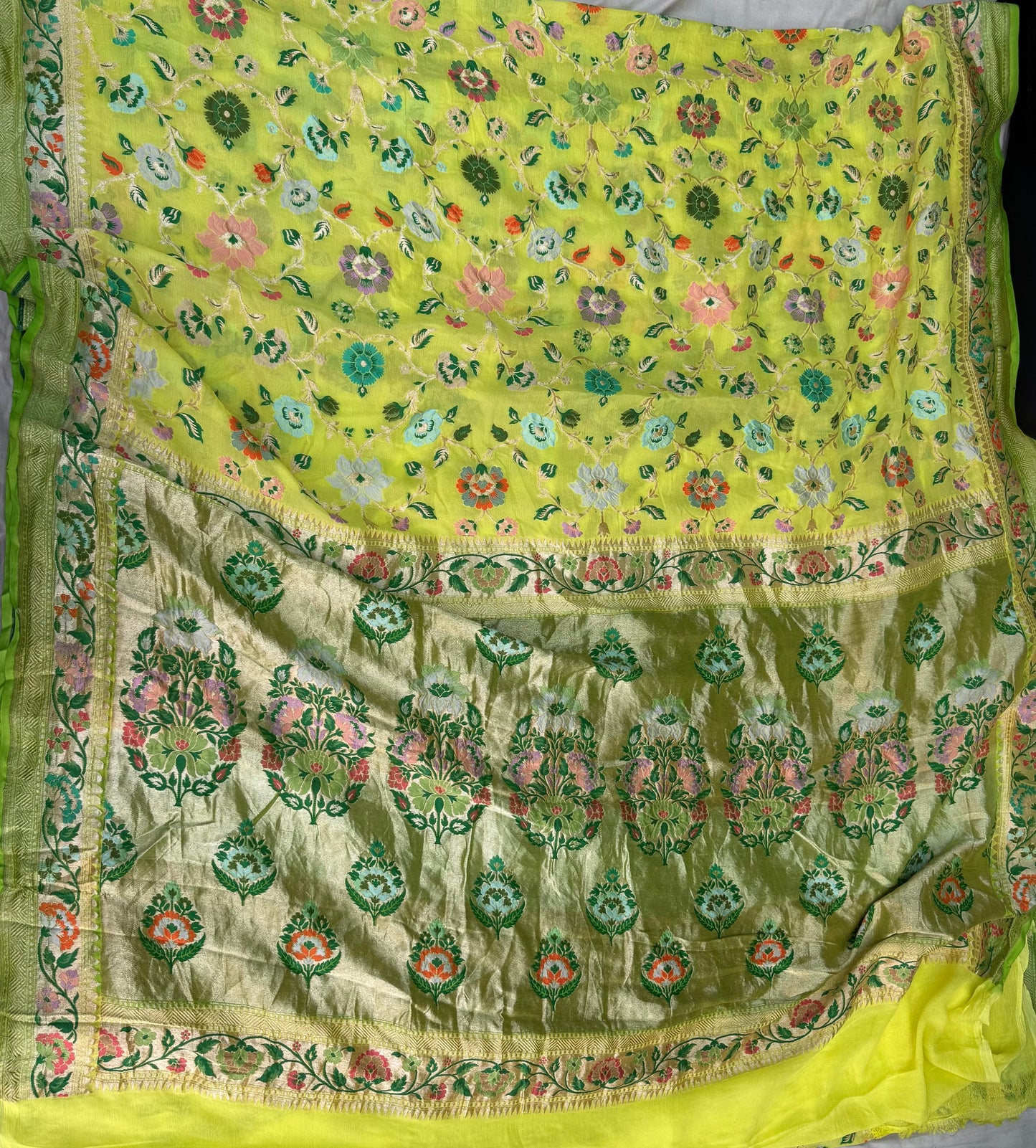 Pure Khaddi Chiffon Saree in Lime Yellow with Multicolor Tilfi Meenakari (GulPankh)
