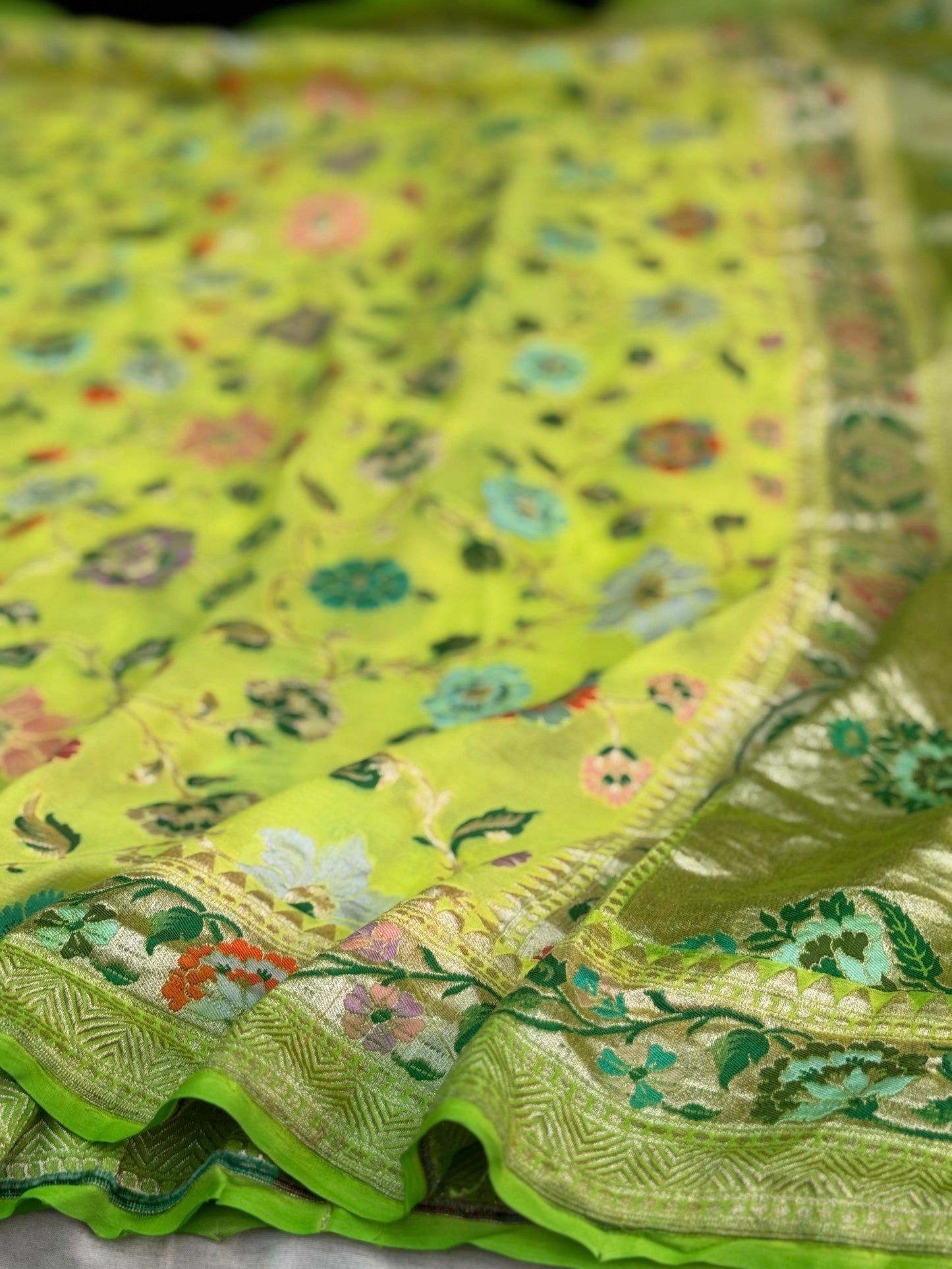 Pure Khaddi Chiffon Saree in Lime Yellow with Multicolor Tilfi Meenakari (GulPankh)