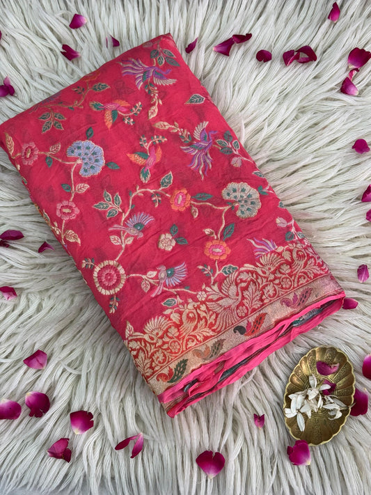 Pure Khaddi Chiffon Saree in Crimson Red with Multicolor Tilfi Meenakari (GulPankh)