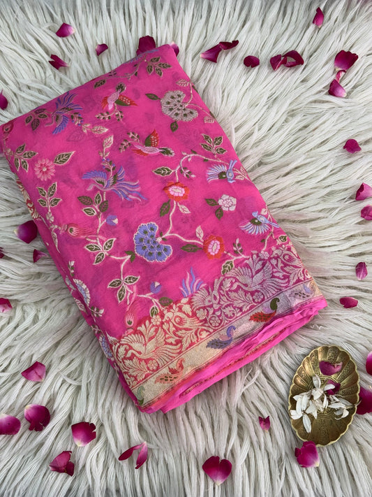 Pure Khaddi Chiffon Saree in Gulabi Pink with Multicolor Tilfi Meenakari (GulPankh)