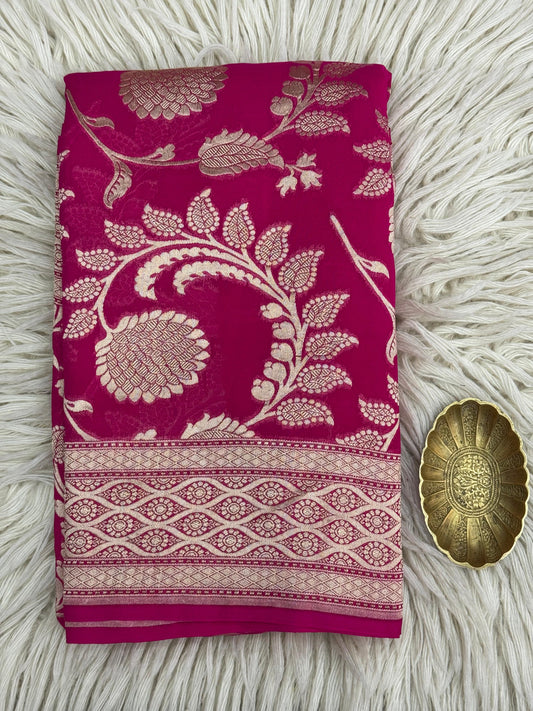 Pure Khaddi Georgette Saree in Rani Pink with Bold Zari Floral Design (Shabnami)