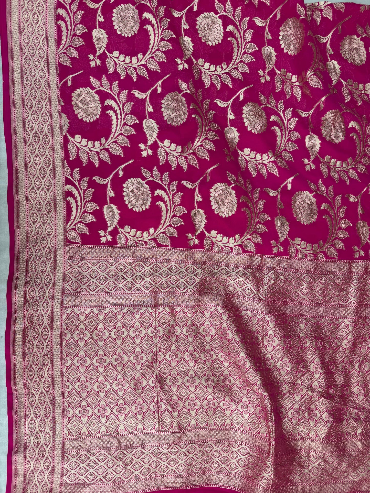 Pure Khaddi Georgette Saree in Rani Pink with Bold Zari Floral Design (Shabnami)