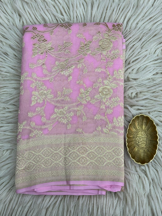 Pure Khaddi Georgette Saree in Soft Baby Pink with Antique Gold Floral Zari (Shabnami)