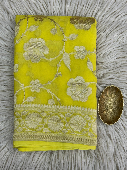 Pure Khaddi Georgette Saree in Lime Yellow with Antique Zari Floral Weave (Shabnami)