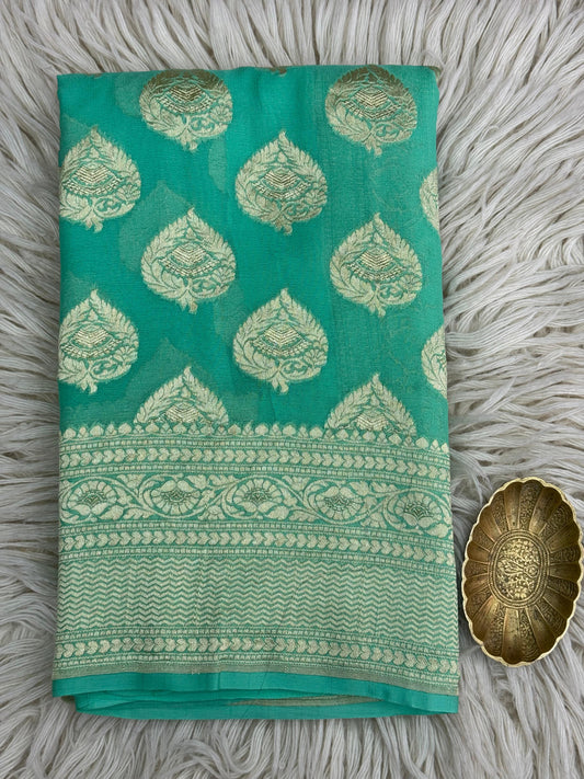 Pure Khaddi Georgette Saree in Teal Green with Gold Zari Buta and Border (Shabnami)