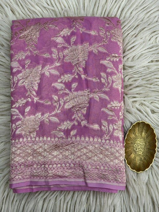 Pure Khaddi Georgette Saree in Orchid Purple with Floral Zari (Shabnami)