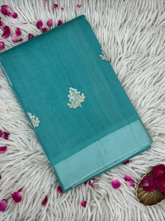 Pure Raw Mango Handloom Saree Cyan Blue (Resham Aam)